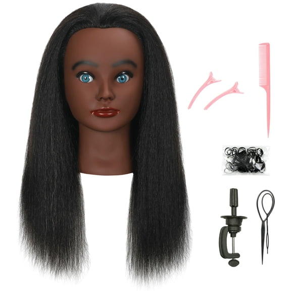 EVATEC Cabeza de Maniquí de Cabello Real Humano con Soporte de Abrazadera de Mesa para Práctica de Peluquería Maniquí de Estilo de Trenzado Cosmetología Muñeca Cabeza de Entrenamiento Rizado Corte U