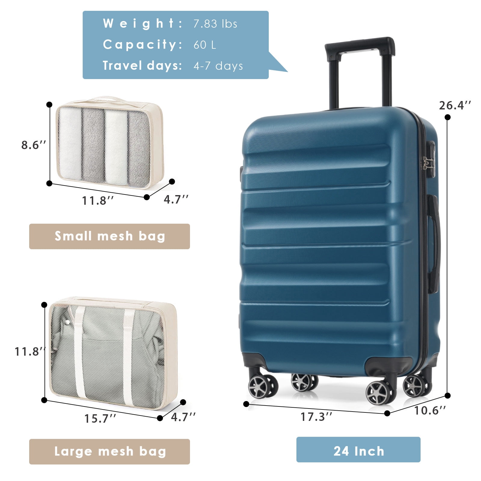 Hardshell ABS Luggage Set, 24-Inch Checked Suitcase with Spinner Wheels, Lightweight Travel Luggage with 2 Packing Cubes for Men & Women