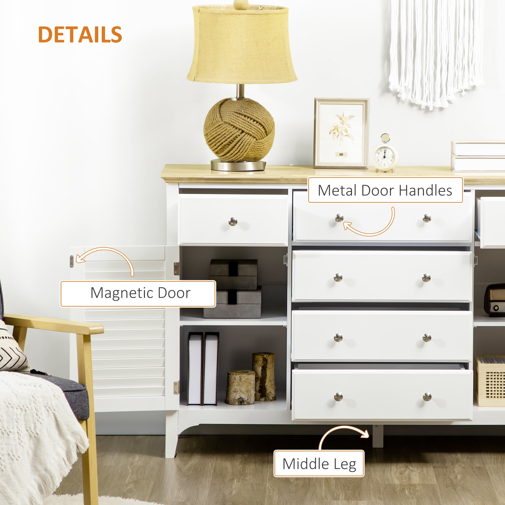 HOQBN Sideboard Buffet Cabinet with Storage Drawers, Rubber Wood Top and Adjustable Shelves, Coffee Bar Cabinet, White