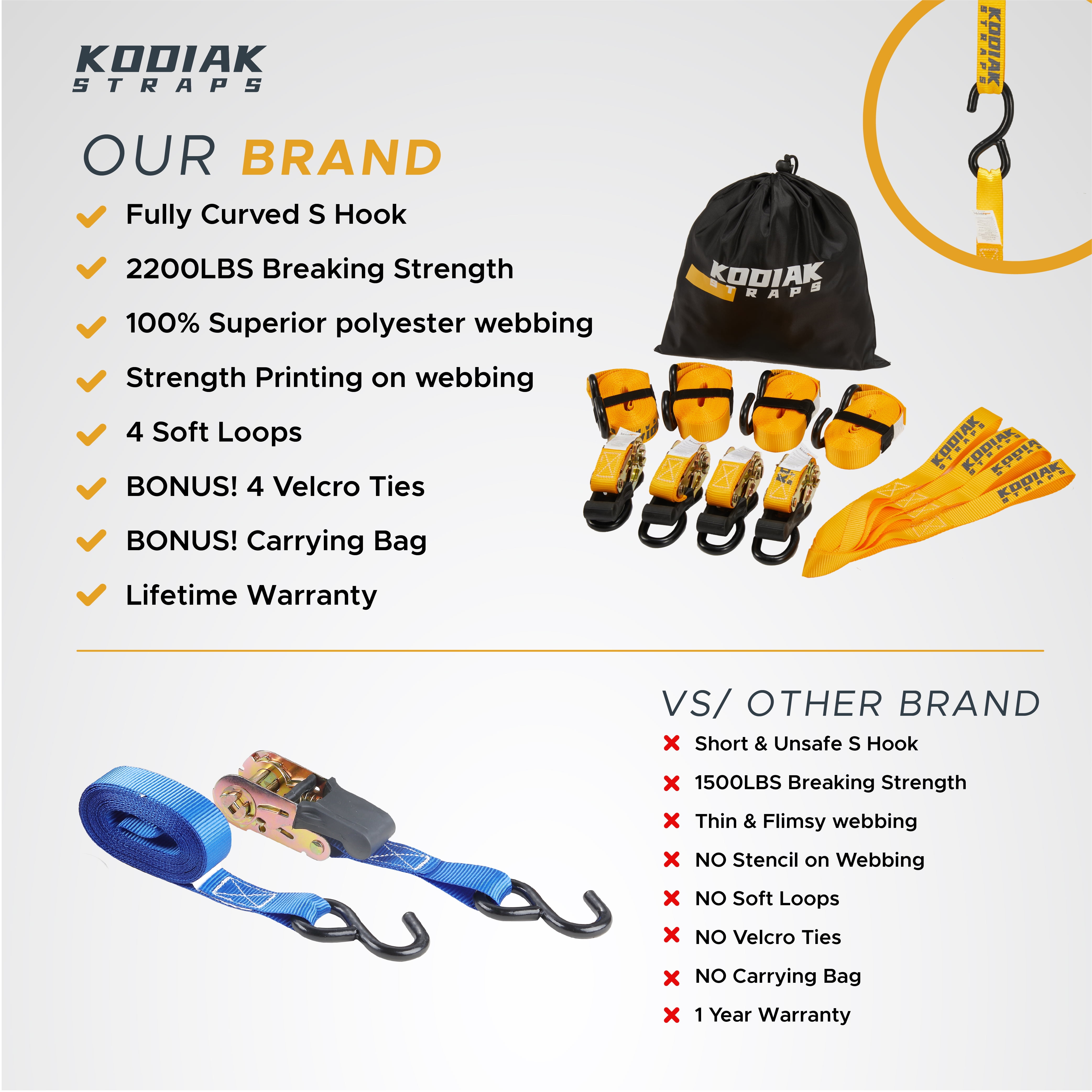 KODIAK STRAPS Ratchet Straps Heavy Duty Tie Down Strap Set 2200 Break Strength – 1" x 17' 4pk with Soft Loops Cargo Truck Bed Tie Downs – Coated Deep S-Hook & Carry Bag for Moving, Securing Cargo…