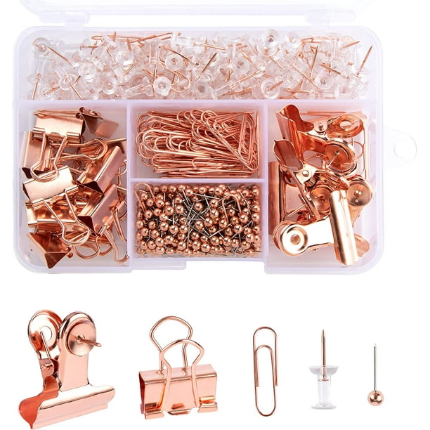 Juego de accesorios de papelería mixtos de oro rosa, 500 piezas, papelería de oficina, soporte para clips de papel, juego de papelería de oficina, clips de papel para el hogar, la escuela y la oficin TUNC Sencillez