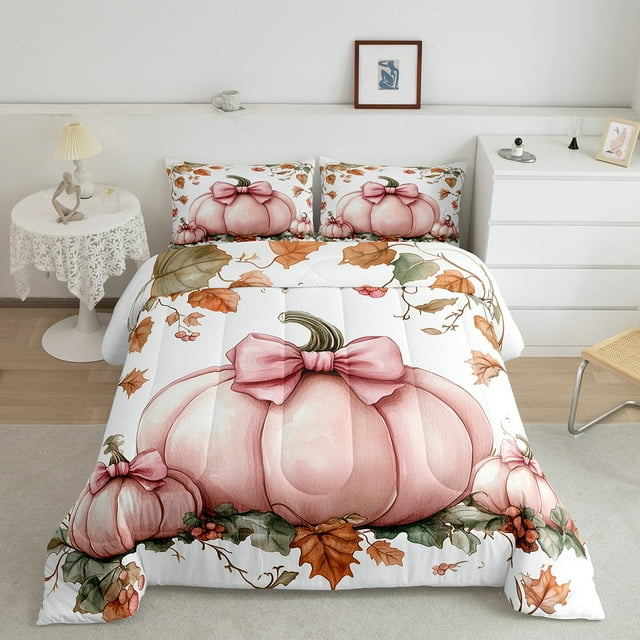 YST Ensemble de Douillette Joyeux Action de Grâce Simple Récolte d'Automne Citrouille Ensemble de Literie Rustique Ferme Feuilles d'Érable Ensembles de Douillette Filles Rose Nœud Couette Intérieure Doux Chaud Décor d'Automne