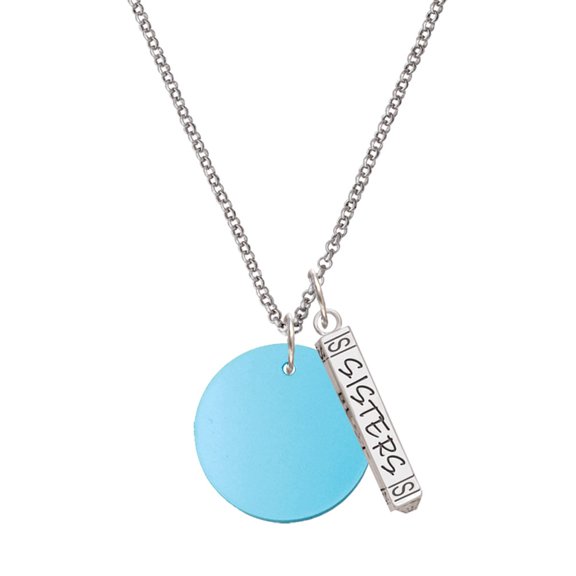 Delight Jewelry Acrylic 1" Disc Hot Blue Imitation Pearl Silvertone Sisters Best Friends Forever Bar Charm Necklace, 23"
