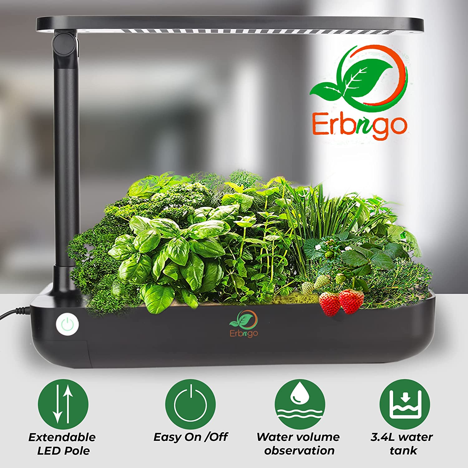 Erbngo Indoor Plant Growing System | Hydroponic Fresh Herb Garden Kit, Easy to Set Up, Extendable LED Full Spectrum Grow Lights for Plants and Photosynthesis, 9 Planting Slots, 3 Set-Up Steps, Black
