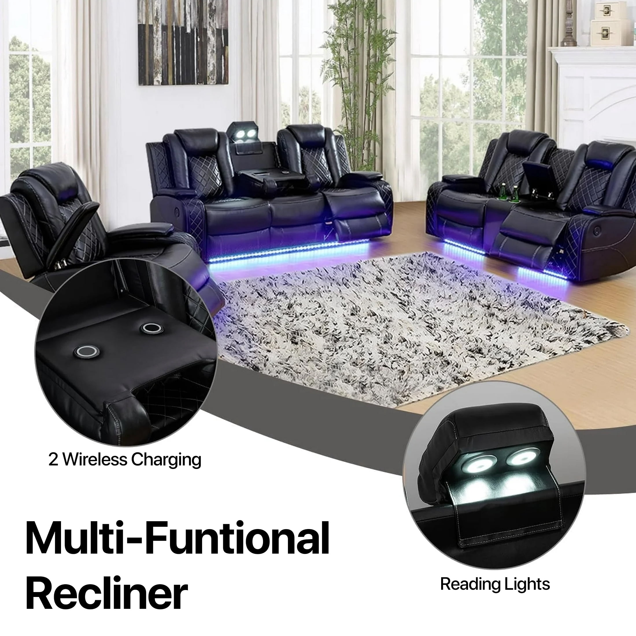 Aukfa Power Recliner Chair Sofa with Storage and USB for Living Room,Black