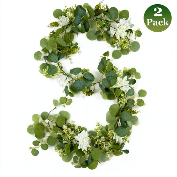 Qissep 2 pack Artificial Eucalyptus Garland, Eucalyptus Garlands with White Flower,Berries and Leaf,Hanging Plants Use for Wedding/Table/Birthday Party UV Protected Indoor Outdoor Decor,5.91 ft