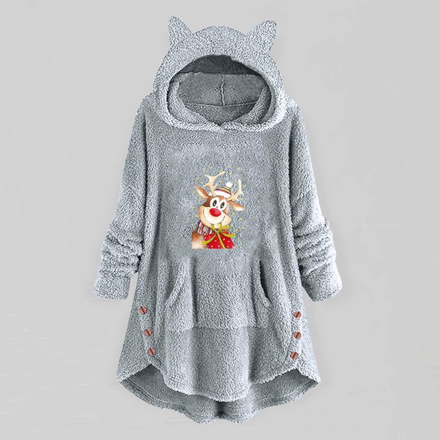 Pntutb Mujer Casual Navidad Impresión Felpa Botones Manga Larga Con Capucha Felpa Abrigo top Selecciones Flash Pntutb Pntutb-5420