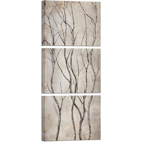 Hieng Rustic Tree Branches Canvas Wall Art Vintage Beige Brown Tree Painting Picture Vertical Artwork for Farmhouse Bedroom Bathroom Decorations