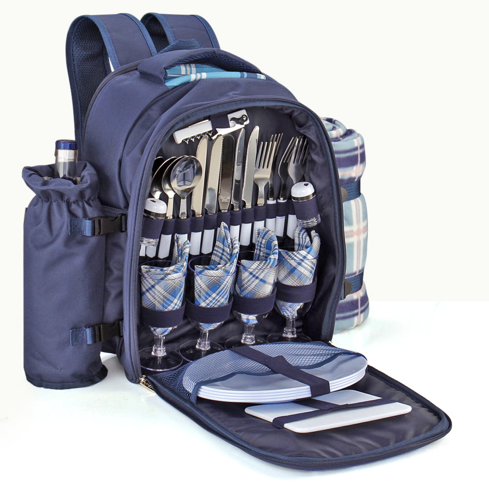 Blue HomGarden Picnic Backpack Set for 4 Person with Cooler Compartment Detachable Bottle/Wine Holder Fleece Blanket Flatware and Plates 