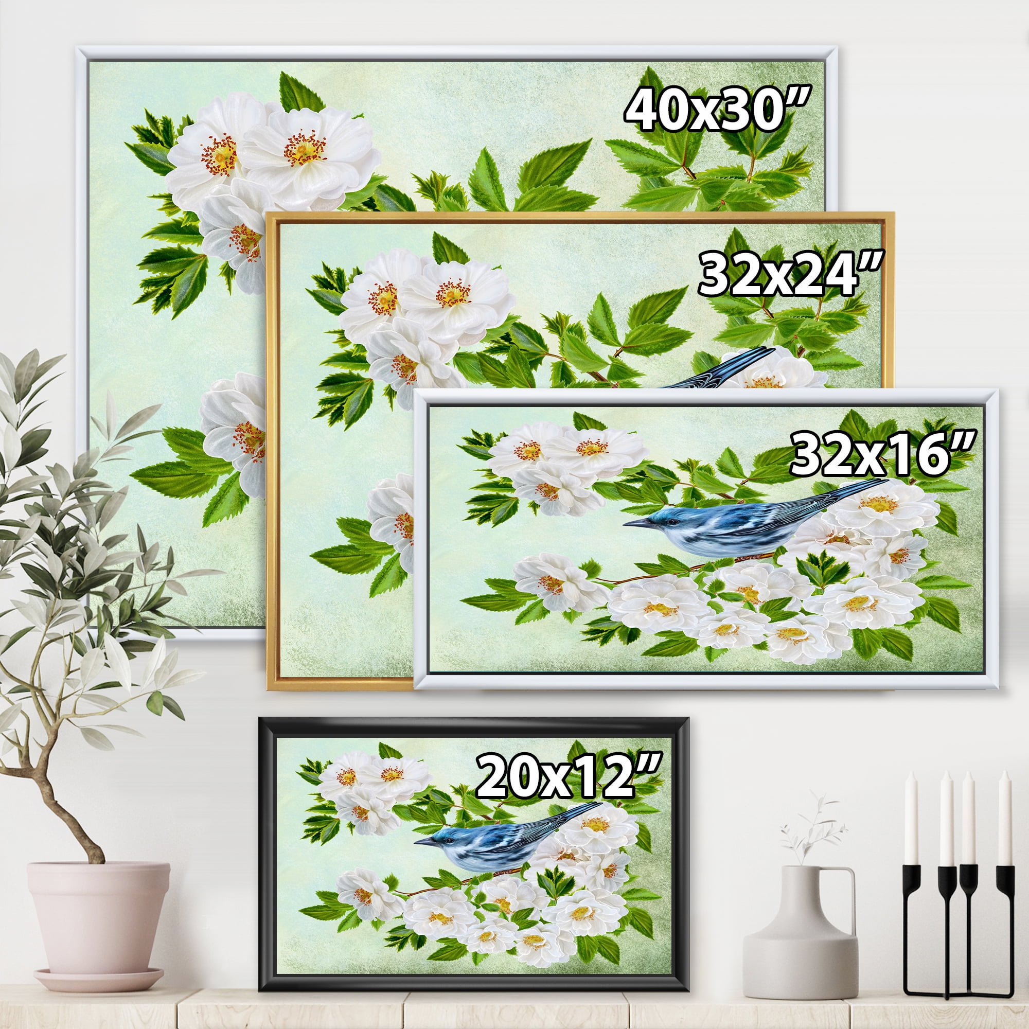 Designart 'Little Blue Bird Sitting On A Branch of White Rose Plant' Traditional Framed Canvas Wall Art Print