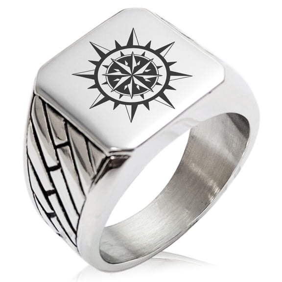 Stainless Steel Nautical Concentric Compass Geometric Pattern Biker Style Polished Ring