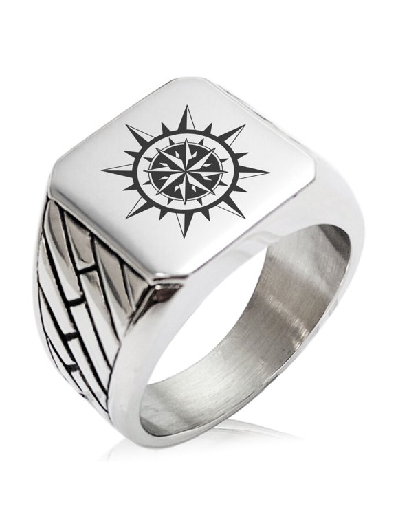 Stainless Steel Nautical Concentric Compass Geometric Pattern Biker Style Polished Ring
