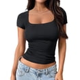 thumbnail image 2 of Gynyvoja Women'S Short Sleeve Tshirts Square Neck Cute Crop Tops Spring Summer Basic Tees Workout Going Out, 2 of 9