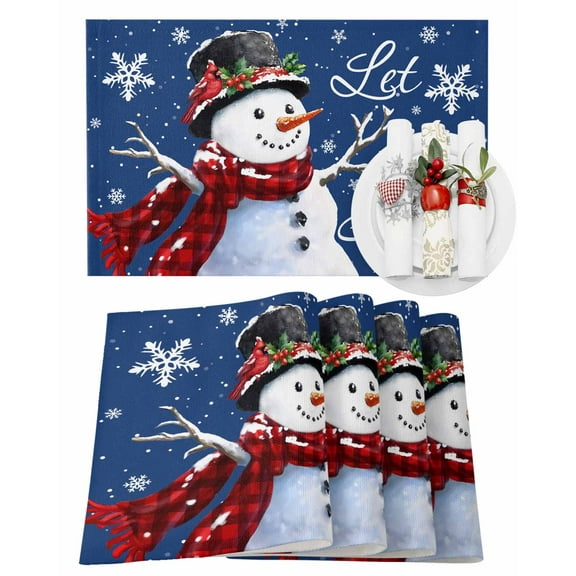 Christmas Placemats Set of 6, Christmas Snowman Place Mats Blue Berry Cardinal Birds Placemat Table Decoration for Kitchen Table Dinner Xmas Holiday Party Home Decor Indoor Outdoor 13x19 Inch