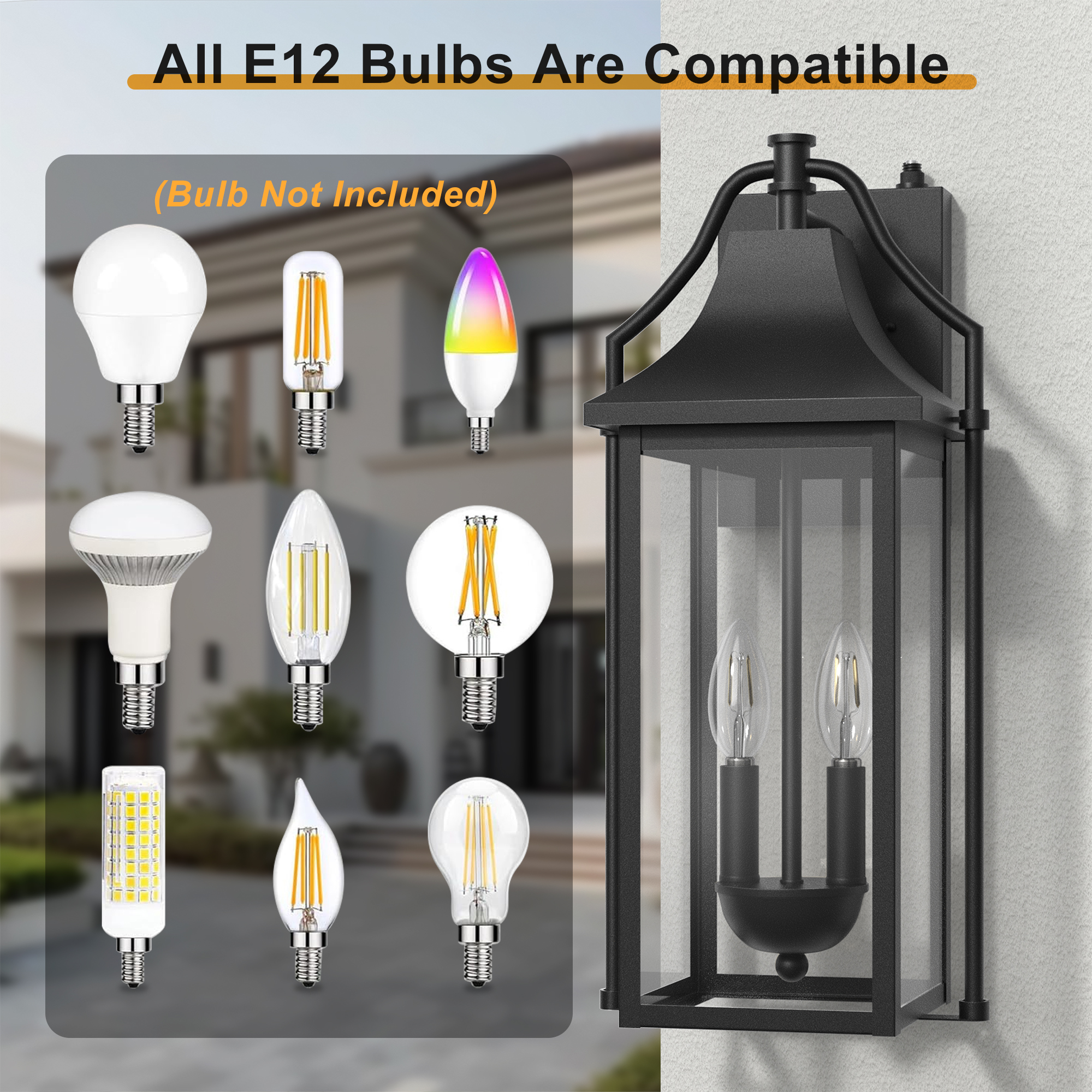 Lawyettle 18" Large Outdoor Wall Lantern with Dusk to Dawn Sensor, 2-Light Waterproof Black Wall Sconce with Glass for Porch, Garage, Front Door, Patio