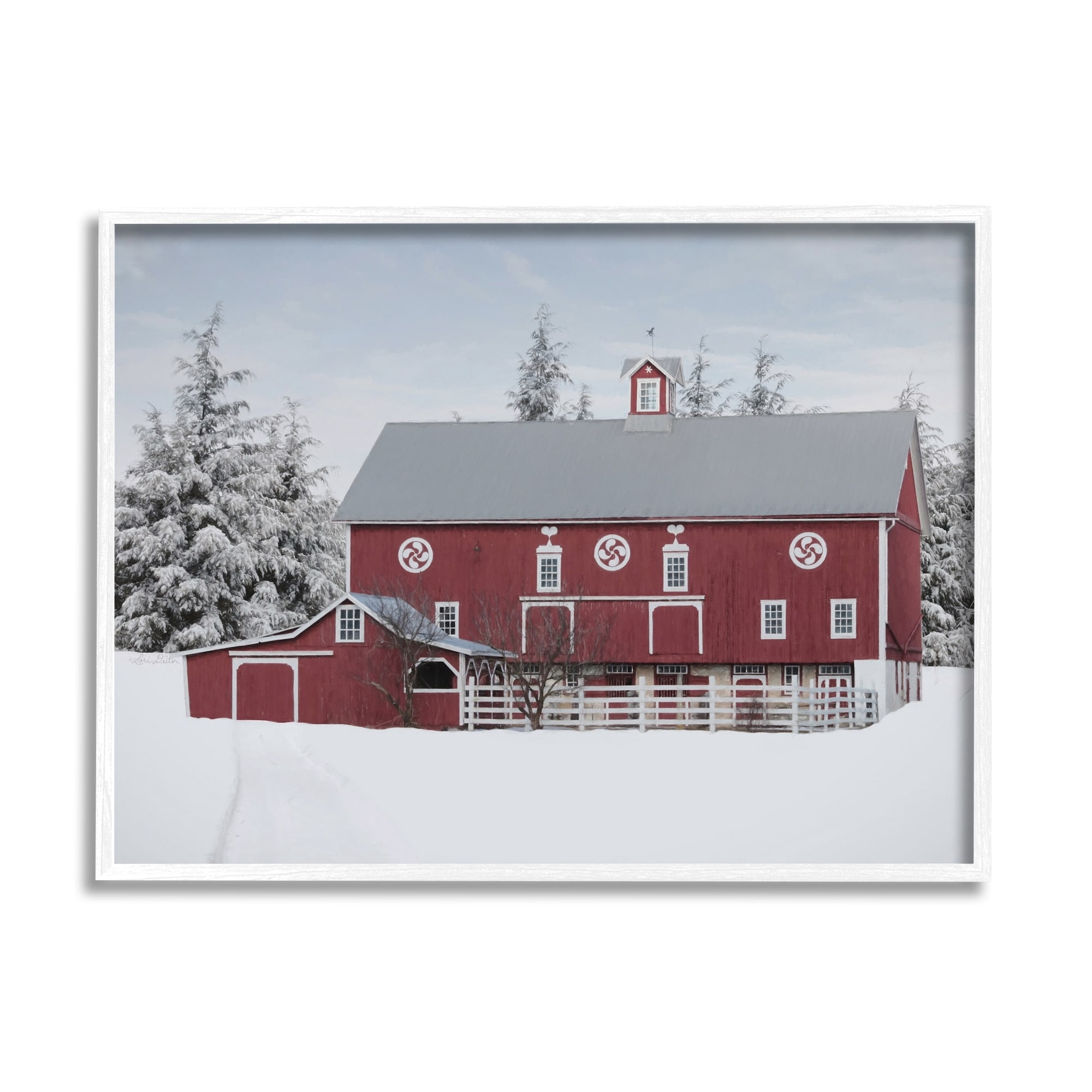 Stupell Industries Red Barn Winter Landscape Snowy Farm Pine Trees Photography White Framed Art Print Wall Art, 20x16, by Lori Deiter