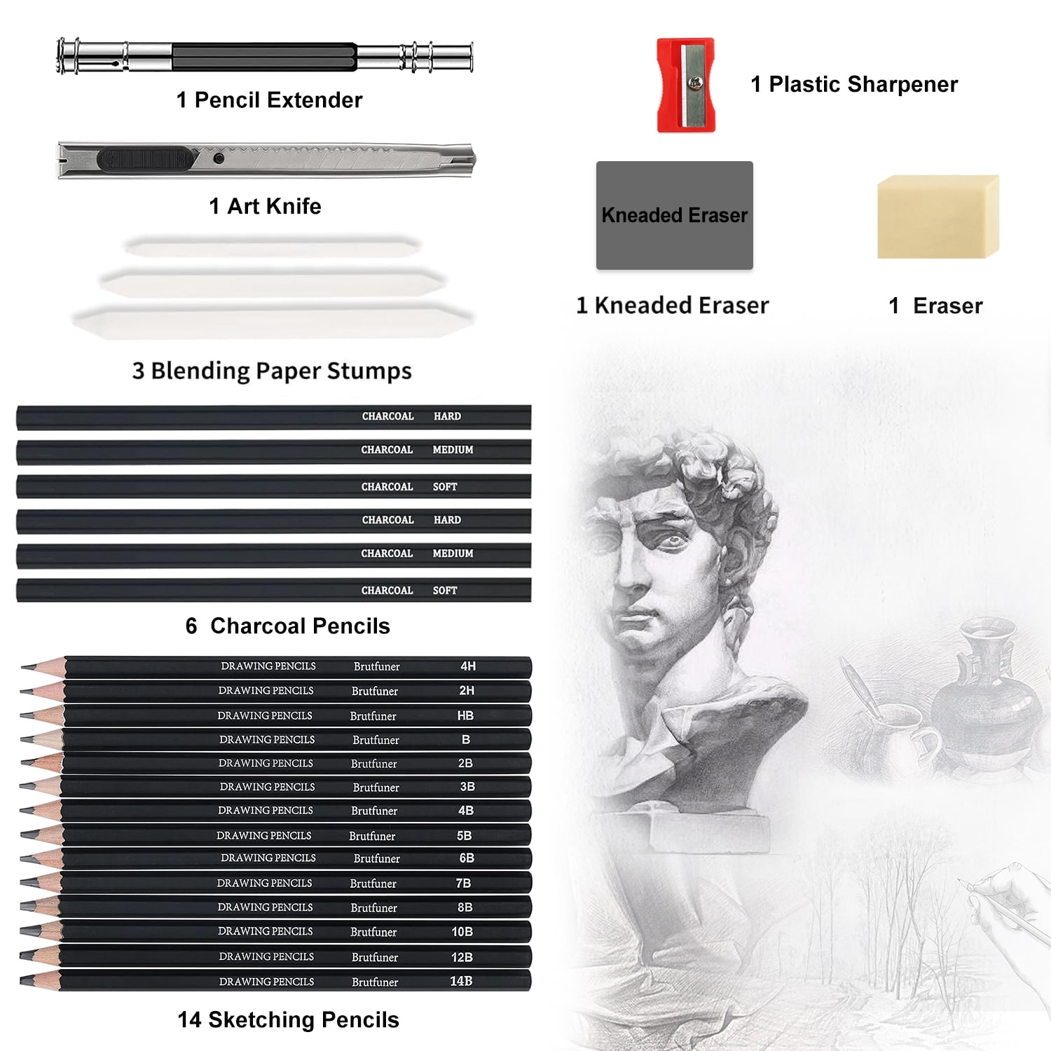 29-Piece Professional Sketching & Drawing Art Set - Complete Kit with 14 Graphite Pencils, 6 Charcoal Pencils, Blending Stumps, and Accessories for Artists