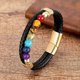 thumbnail image 1 of Pulsera de cuentas de chakra redondas naturales para hombre, clásica, de cuero genuino negro, de acero inoxidable, joyería de moda para mujer, 1 of 4
