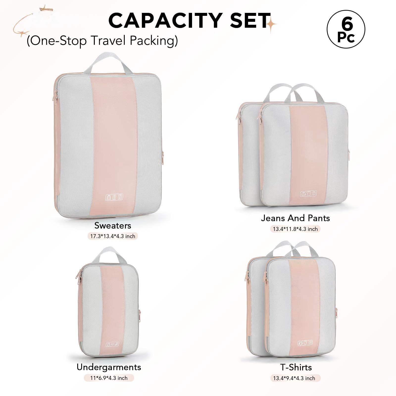 Beige 6 Set Packing Cubes Travel Luggage Organizer Bags