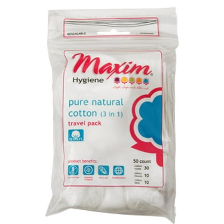 Maxim Natural Cotton 3-in-1 Cosmetic Accessory Travel Pack, 50 Ct