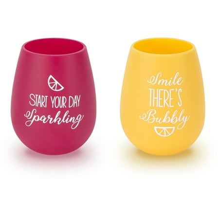 Pavilion - Start Your Day Sparkling - Smile There's Bubbly - Pink & Yellow - Citrus - 13 oz Silicone Wine Glass Set of
