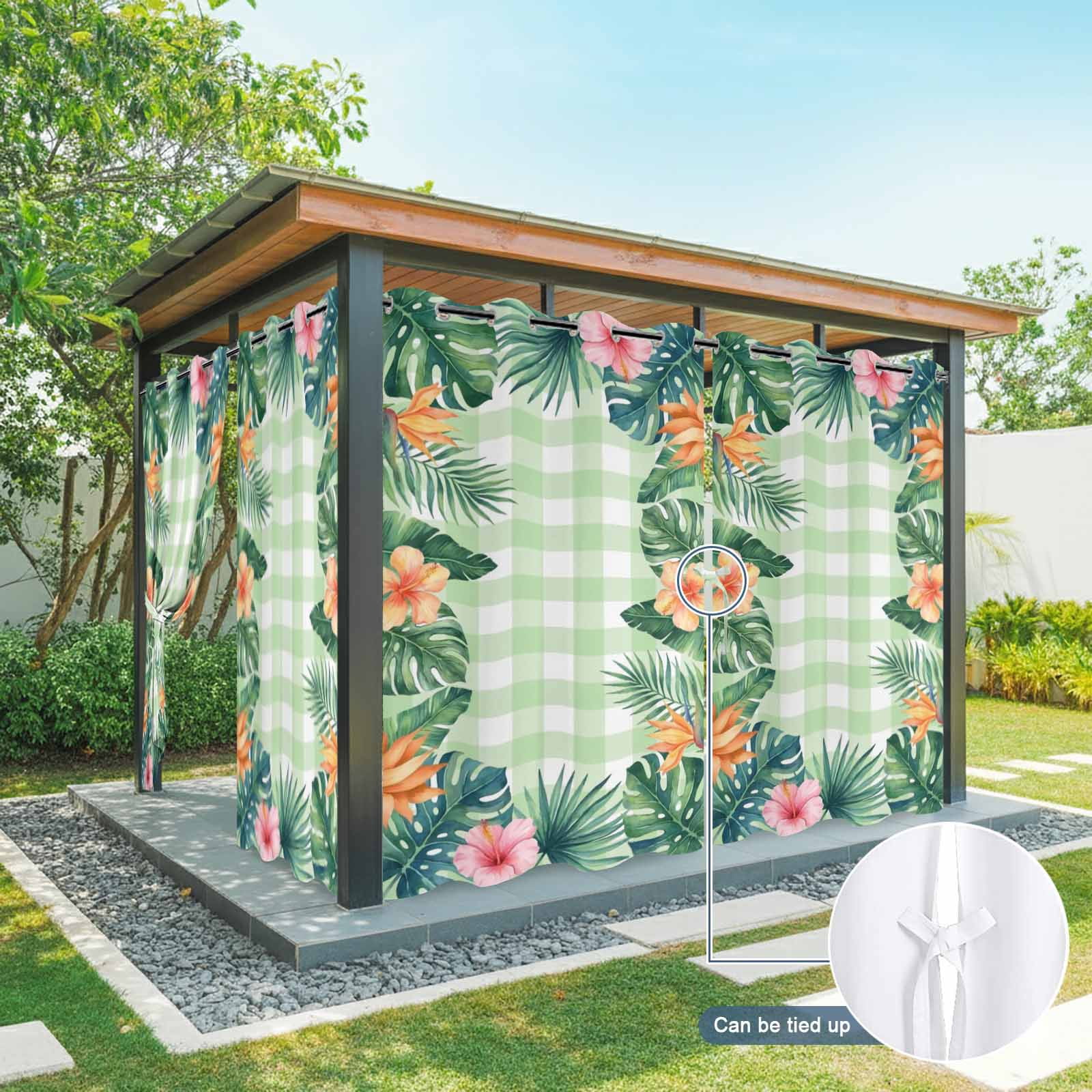 Summer Tropical Leaf Outdoor Curtains for Patio, Country Forest Green Leaf Pink Flower Green Plaid Sunshade Privacy Drapes Grommet Waterproof Outside Curtains for Porch Balcony 54"x108", 1 Panel