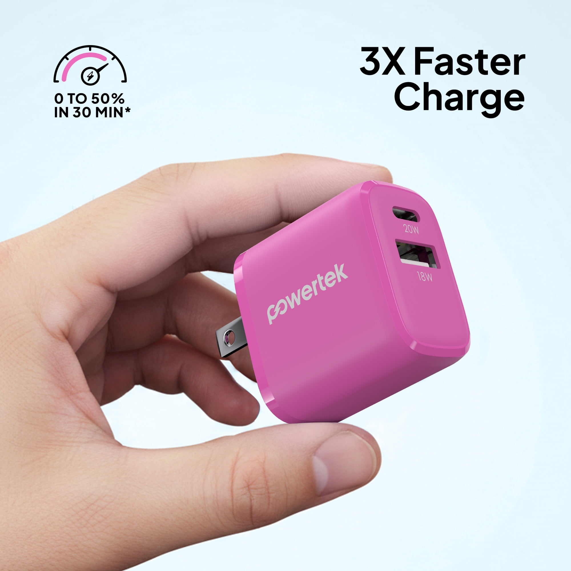 Powertek 20W USB-C PD + USB-A Dual Port Wall Charger, Carbon Design, Pink
