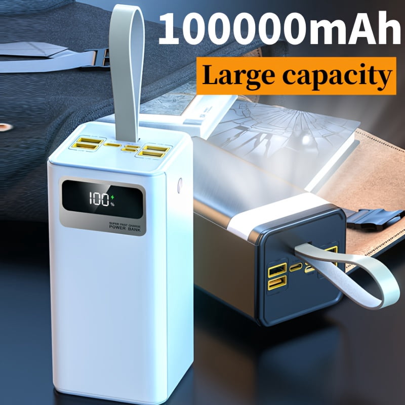 A 100000Mah Power Bank with 22.5W Super Fast Charging, Large Capacity, Intelligent Digital Display Screen, Leather Hanging Rope,Outdoor Camping LED Light,Travel Backup Power Supply,Suitable for Phone