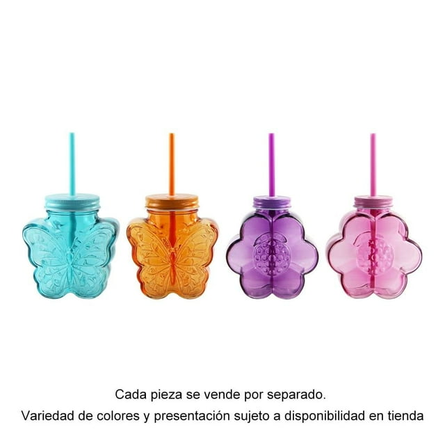 Vaso Prichos con Popote con Diseño de Mariposa de Vidrio Varios Modelos 1 Pieza Multicolor