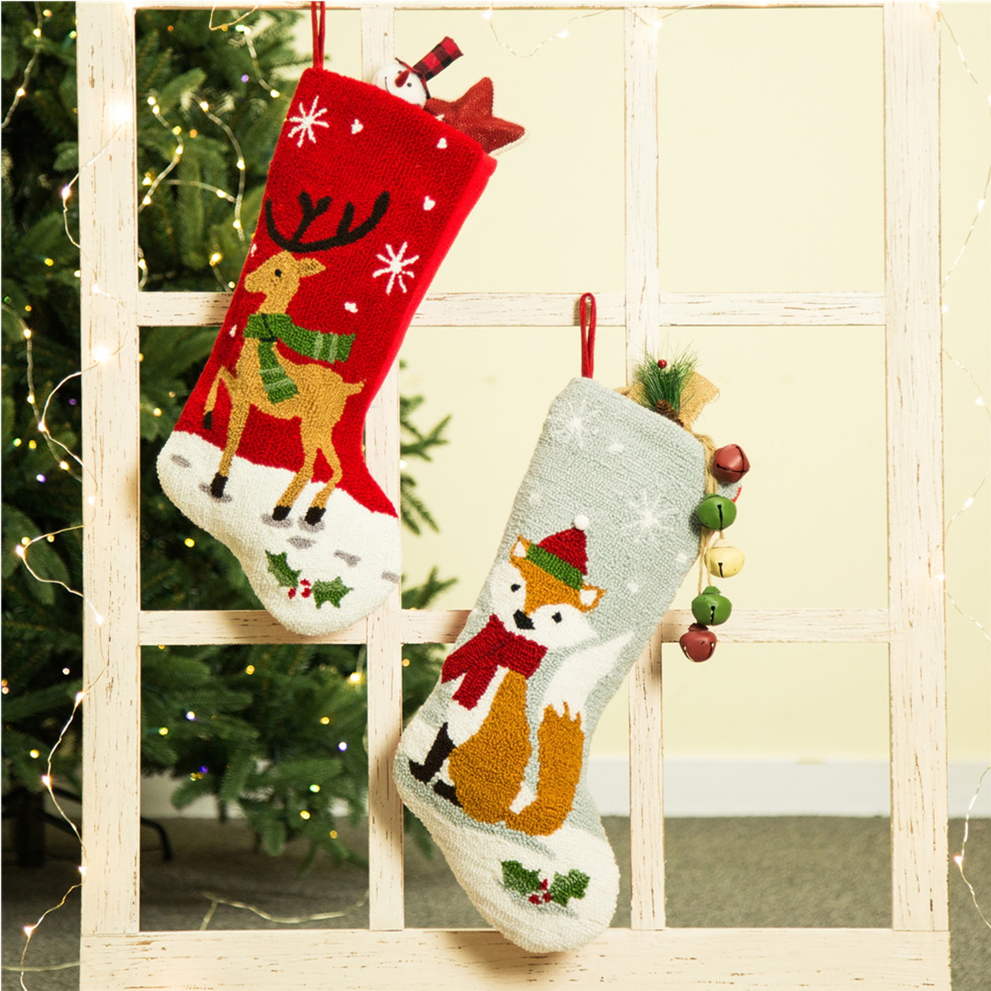 Glitzhome Hooked Stocking, Reindeer/Fox, set of 2 - Walmart.com