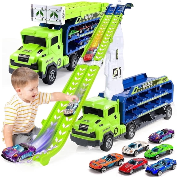Carrier Truck Race Track Kids Toys, Toy Truck Transport with 6 Race Cars & Dual Race Track Launchers Playset for Age 3 4 5 6 Years Old Boys