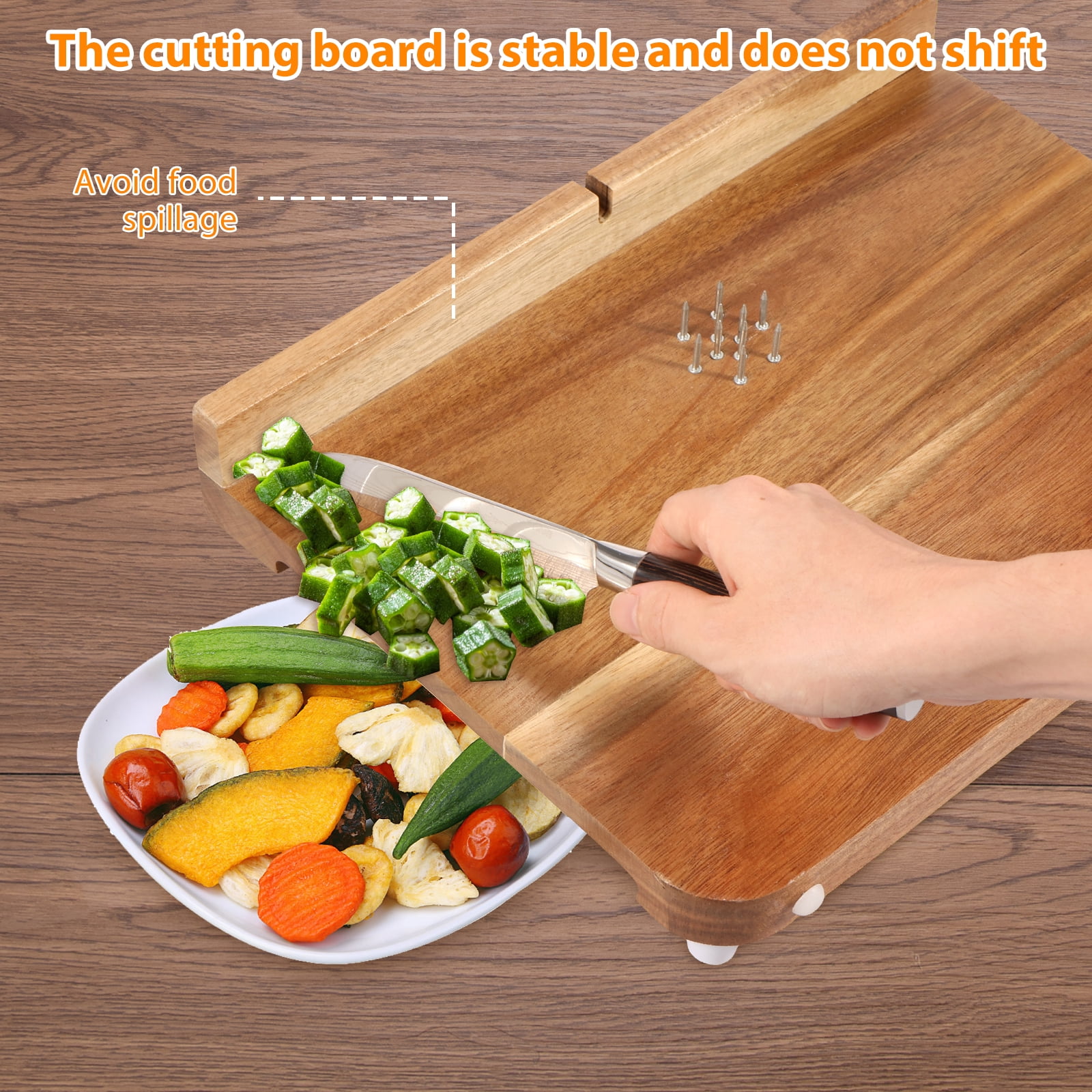 LINFANG Wooden Adaptive Cutting Board With Spike Smooth Surface Handicapped Kitchen Board With Anti Slip Bottom for Vegetable Fruit Meat