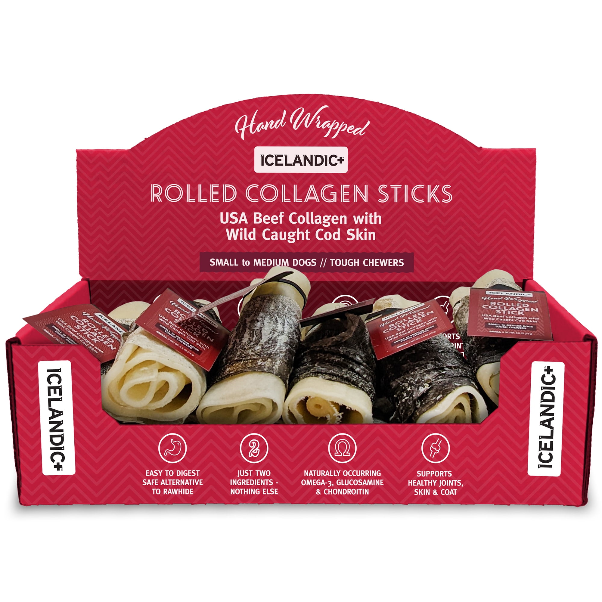 Icelandic+ Rolled Collagen Stick: Beef & Cod Skin - 12 Pack - 4" Dog Chew Treat, Hand-Wrapped Fish, 2 Ingredient Pet Snacks, Rawhide Alternative