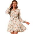 thumbnail image 1 of Vestido Camisero De Cintura Con Lazo Y Manga Abullonada En La Parte Delantera Con Estampado Floral Y Estampado Floral Para Mujer Beige L, 1 of 6