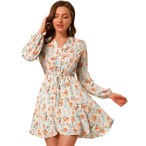 Vestido Camisero De Cintura Con Lazo Y Manga Abullonada En La Parte Delantera Con Estampado Floral Y Estampado Floral Para Mujer Beige M