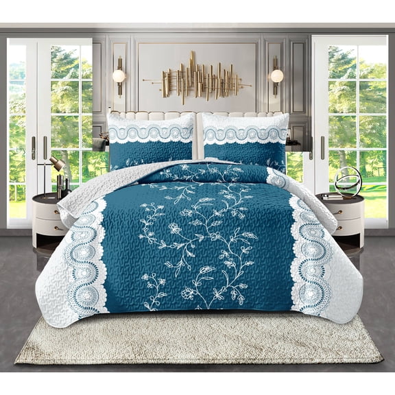 Teal Floral 3-Piece Reversible Comforter Set - Soft Microfiber Bedding for All Seasons, Includes Comforter and 2 Pillow Shams(QUEEN)