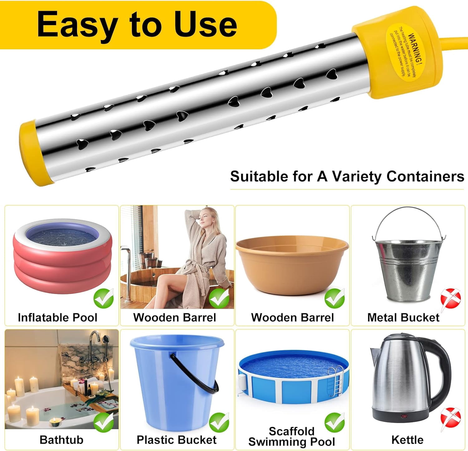 2 Pcs Immersion Water Heater,Anti-scalding Bucket Heater,Quick Heating Immersion Heater for Indoor & Outdoor(Yellow,1500W)