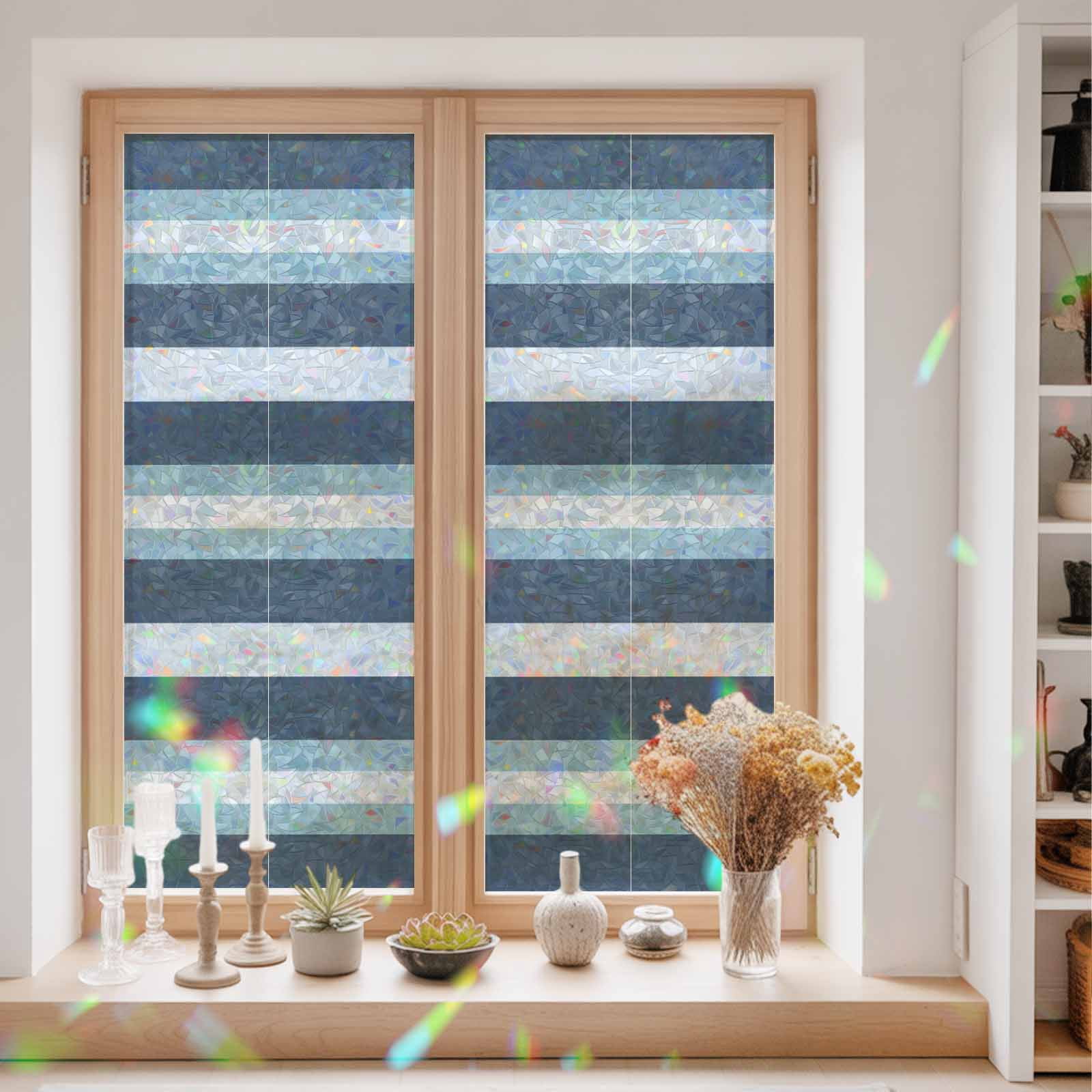 Blue Striped Window Privacy Film Rainbow Static Cling Stain Glass Window Film for Glass Door, Decorative Sunroof Decal Sticker for Car Bathroom 23.6"x59" Modern Gradient Abstract Lines Aesthetic