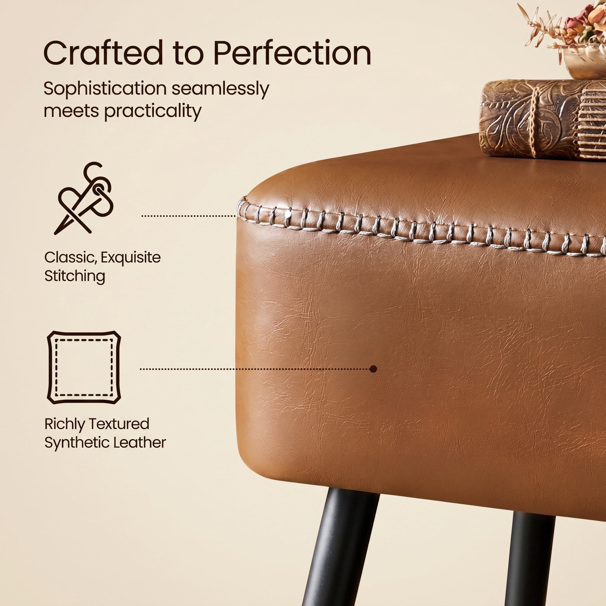 Nordic Hygge Mid-Century Modern Entryway Bench, Caramel Brown