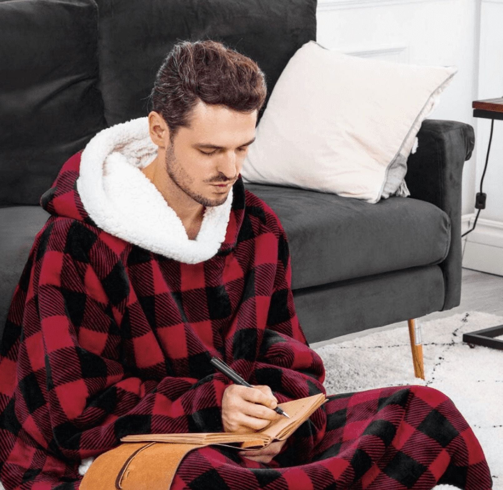 Wearable Blanket Hoodie, Hoodie Flannel Oversized Sherpa Fleece Sweatshirt Blanket with Giant Hood Pocket and Sleeves for Adult