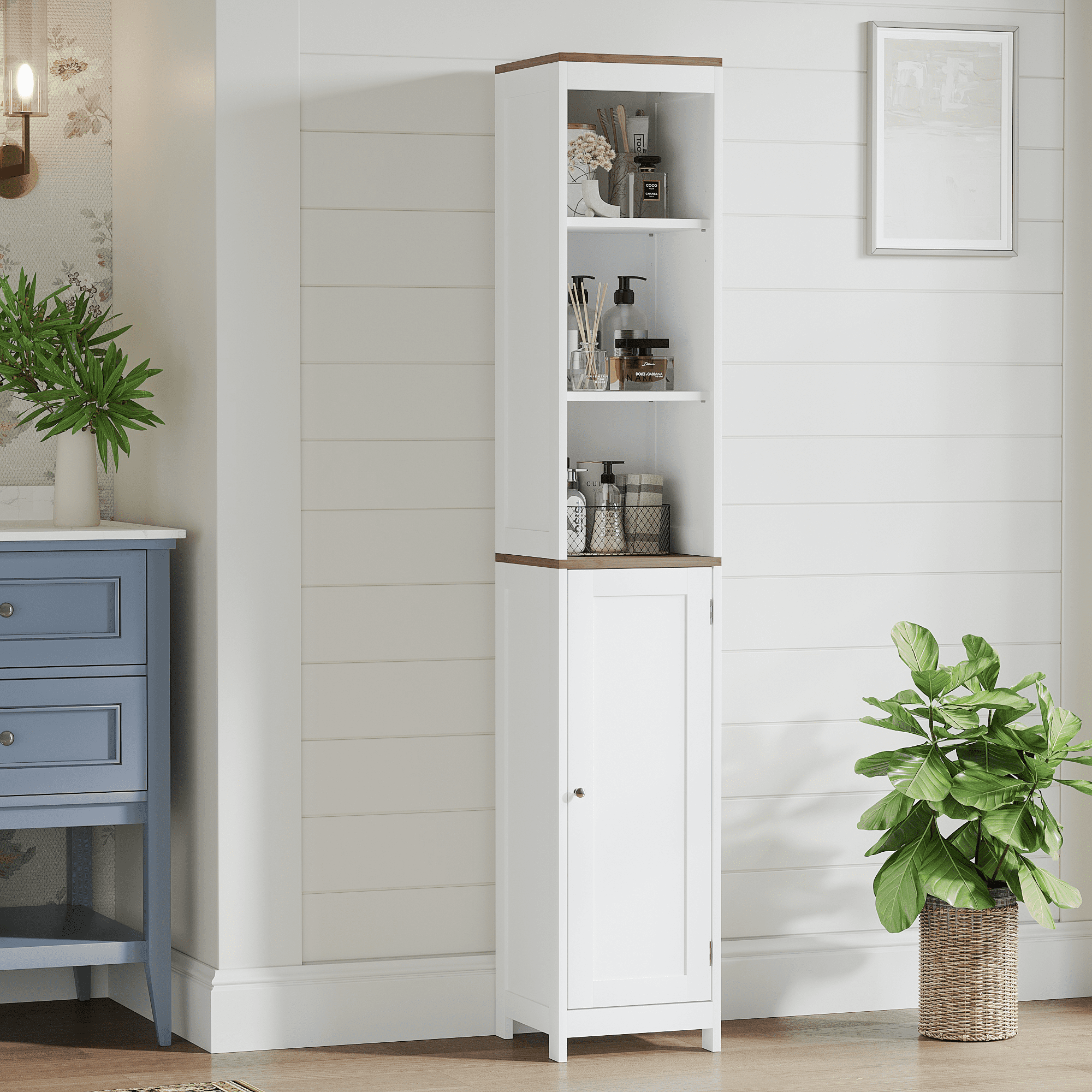Tall Bathroom Storage Cabinet,Narrow Bathroom Storage,Freestanding Linen Tower with Open Shelves,Floor Cabinet Organizer for Bathroom,Small Spaces,White