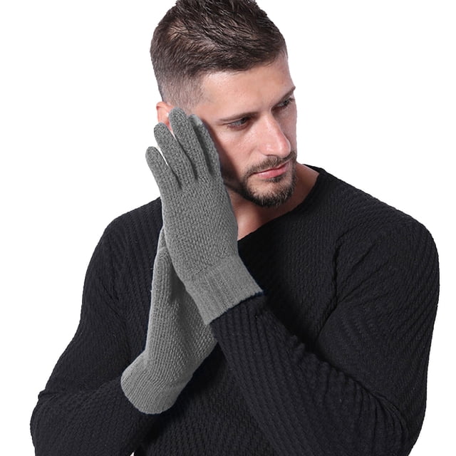 AWZXDE Mens Gloves Solid Color Winter Thickened Knitted Outdoor Warm Screen Snowman Embroidered