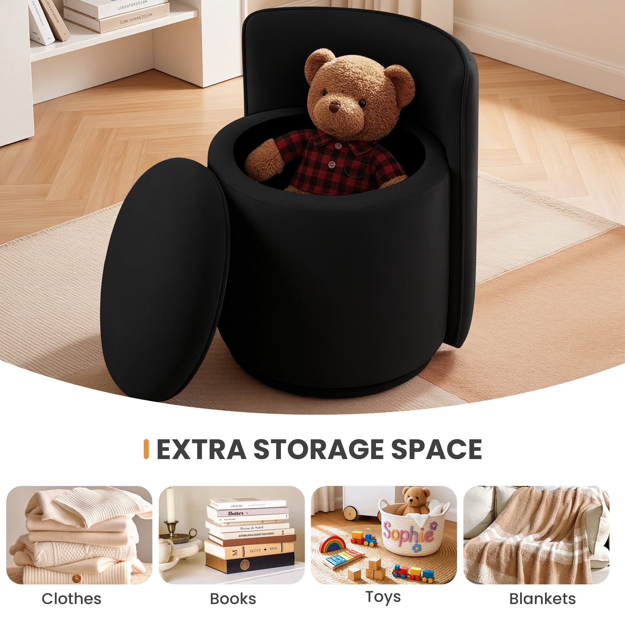 ATHOPE Vanity Chair with Storage, Velvet 360° Swivel Chair with Back, Modern Round Upholstered Bedroom Chair, Comfy Makeup Chair for Dressing, Living Room, No Assembly Required, Black