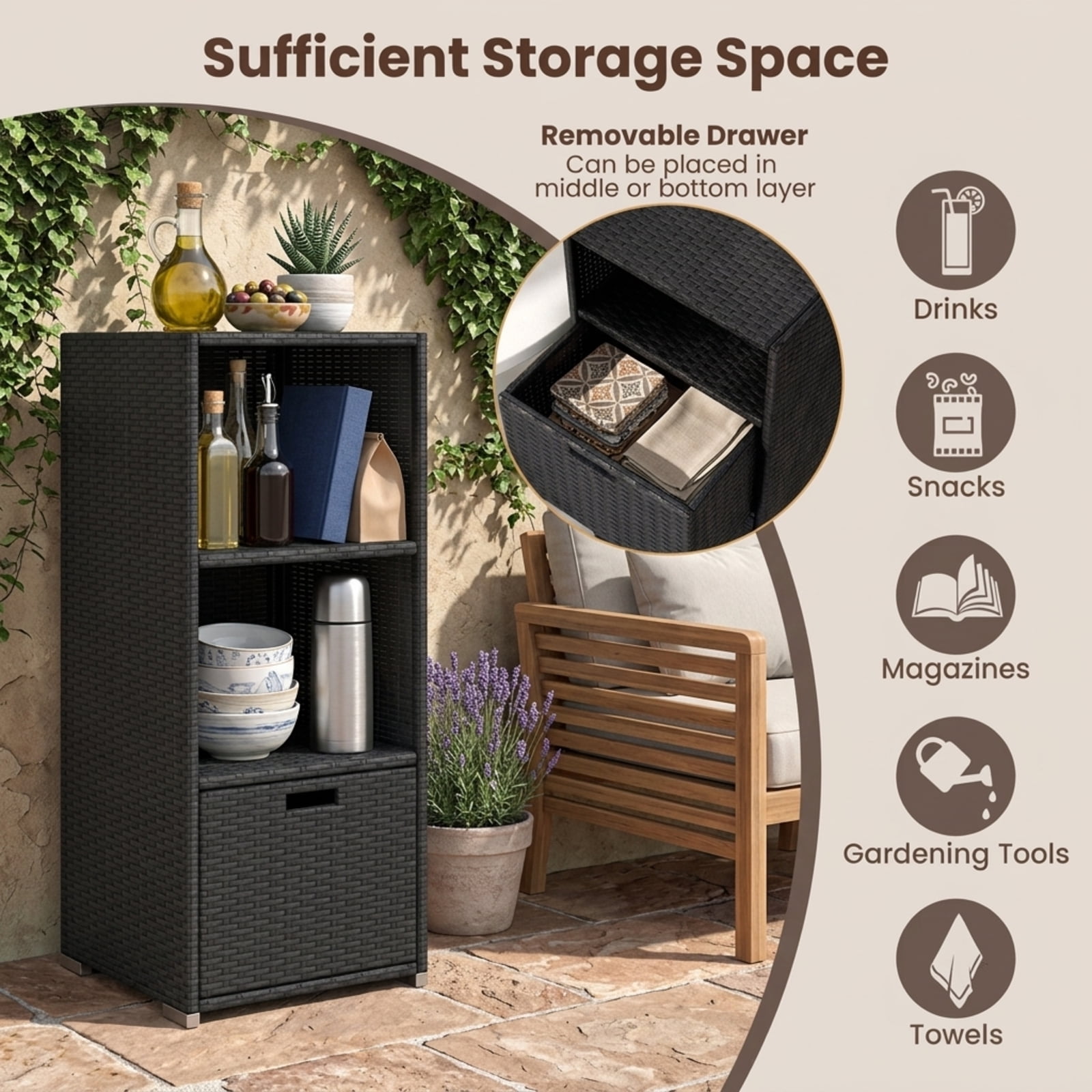 Biotree Outdoor Storage Cabinet with Drawer and 3 Shelves for Patio Porch Poolside Backyard, Mix Brown