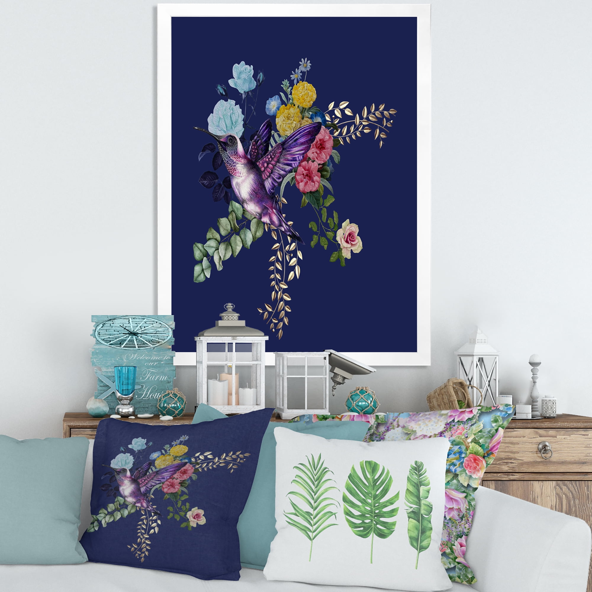 Designart 'Little Bird Sitting On Colourful Bouquet Of Wildflowers I' Traditional Framed Art Print