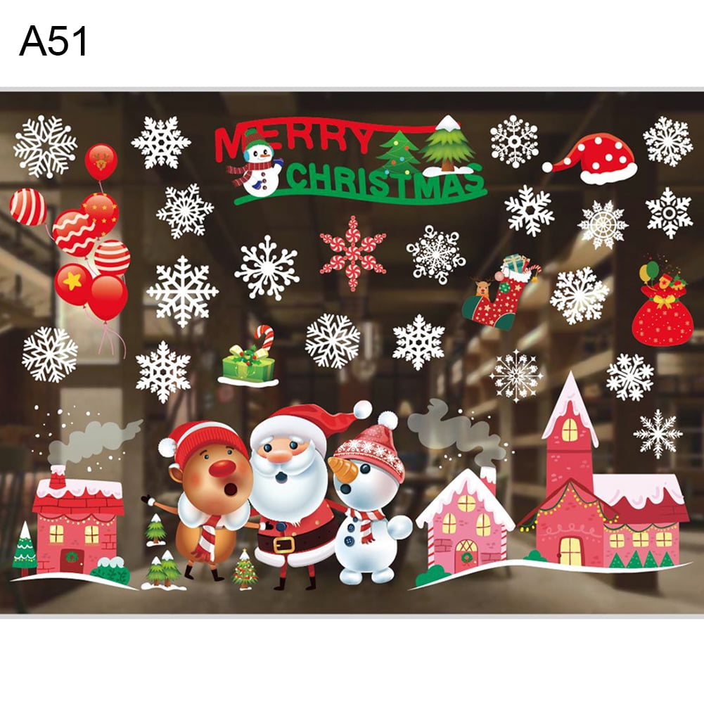 Christmas Stickers Window Decor Vinyl Xmas Decal Snowflakes Wall Art Santa Claus 