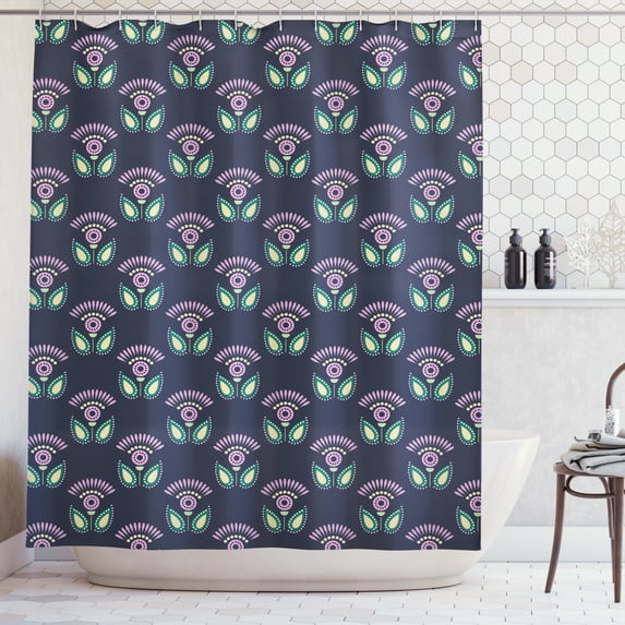 Flower Shower Curtain, Symmetrical Arrangement of Flowers Petals and Leaves Ornamental Composition on Blue, Fabric Bathroom Set with Hooks, 69"W X 75"L Long, Multicolor, by Ambesonne