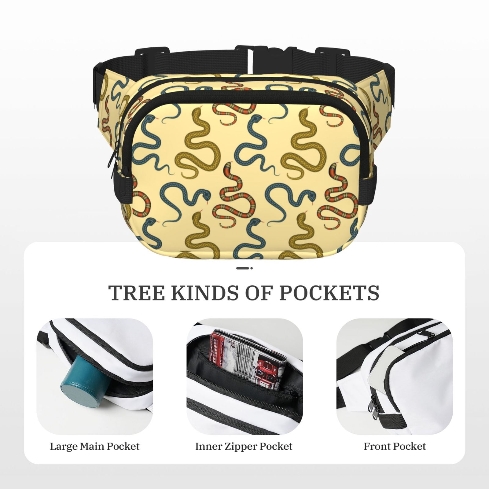 Fuzoiu Various Snake Print Unisex Square Double Layer Waist Bag,Crossbody Fanny Pack Travel Workout Accessory