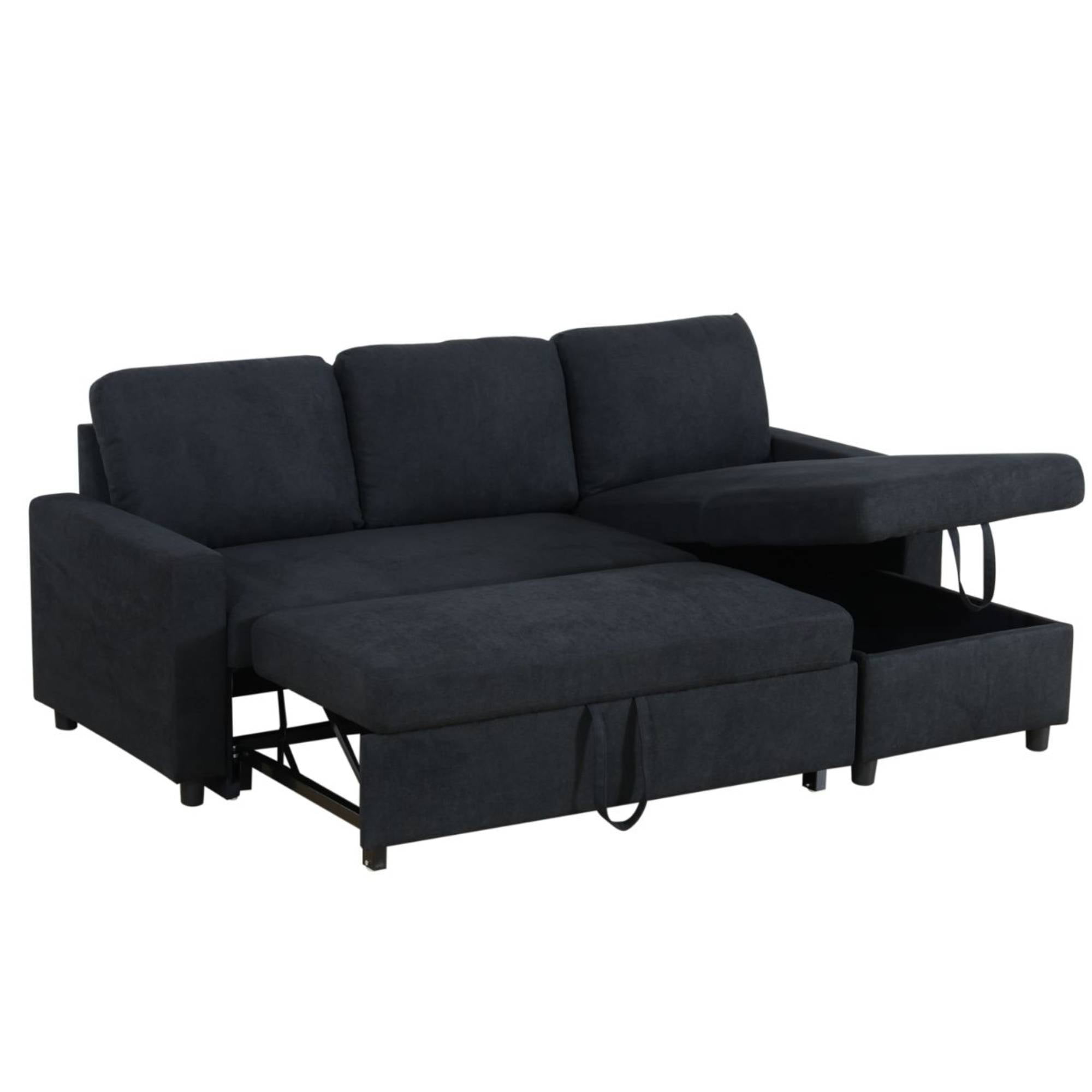 Pull Out Sofa Bed with Storage Chaise, L Shape Sectional Couch Bed Sleeper Sofa with 2 Pillows for Living Room, Black