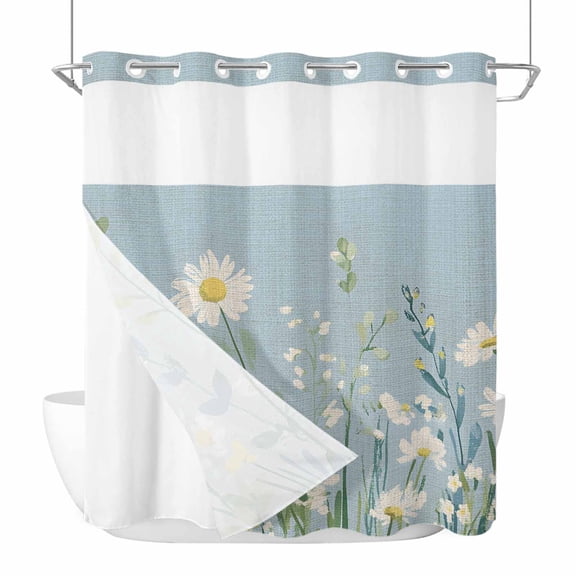 No Hook Shower Curtains with Snap-in Liner Set, Botanical Blue Green Waterproof Hotel Bathroom Shower Curtain, Spring Pastoral Daisy Leaf on Linen Breathable Mesh Top Window Bath Curtains 72''x72''